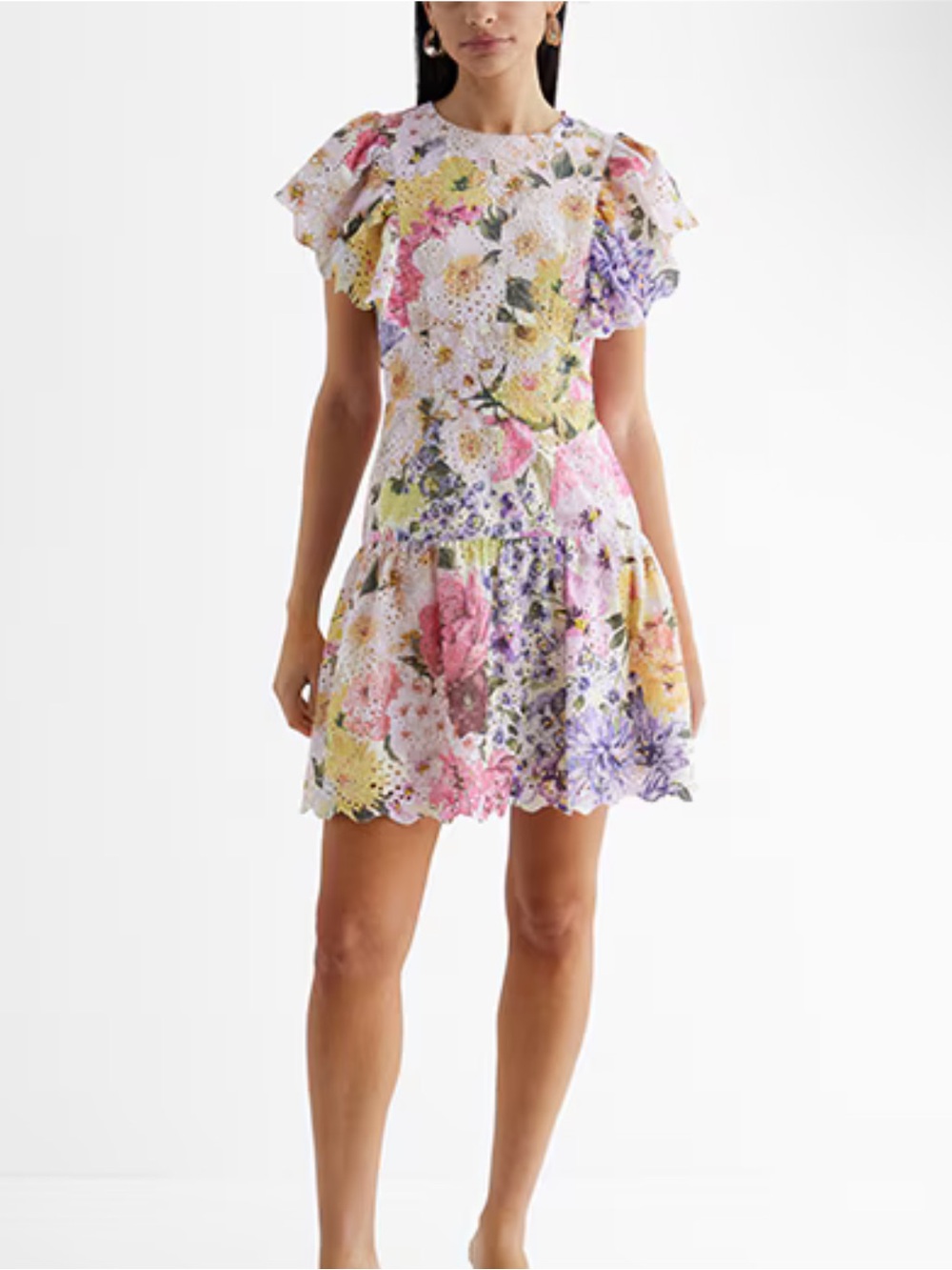 NWT ($128USD) Express Multicolored Eyelet Floral Print/Ruffled Sleeves Mini Dres